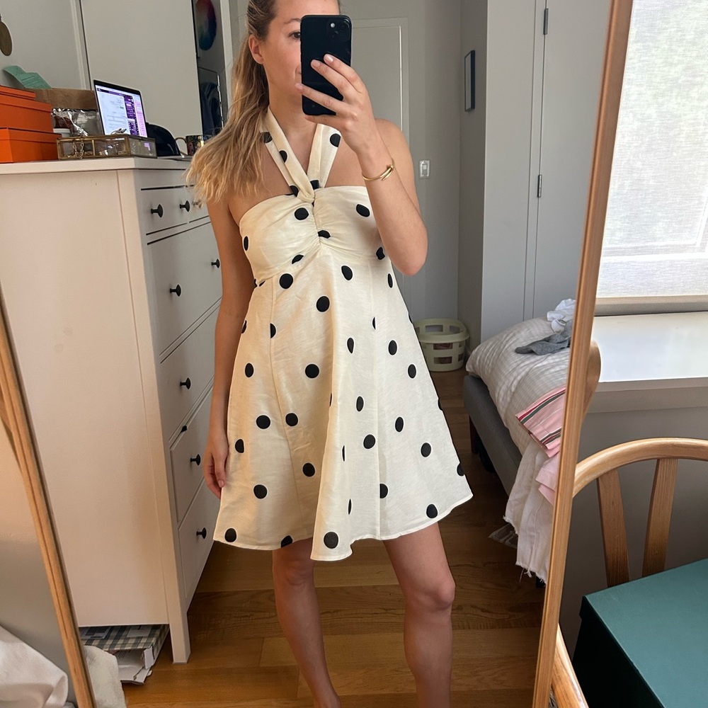 Sezane Strapless Dress in Cream with Black Dots